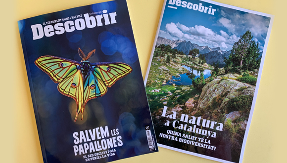 Portada del número especial de la revista Descobrir sobre la conservació de les papallones i del número gratuït que l’acompanya sobre l’estat de la natura a Catalunya.