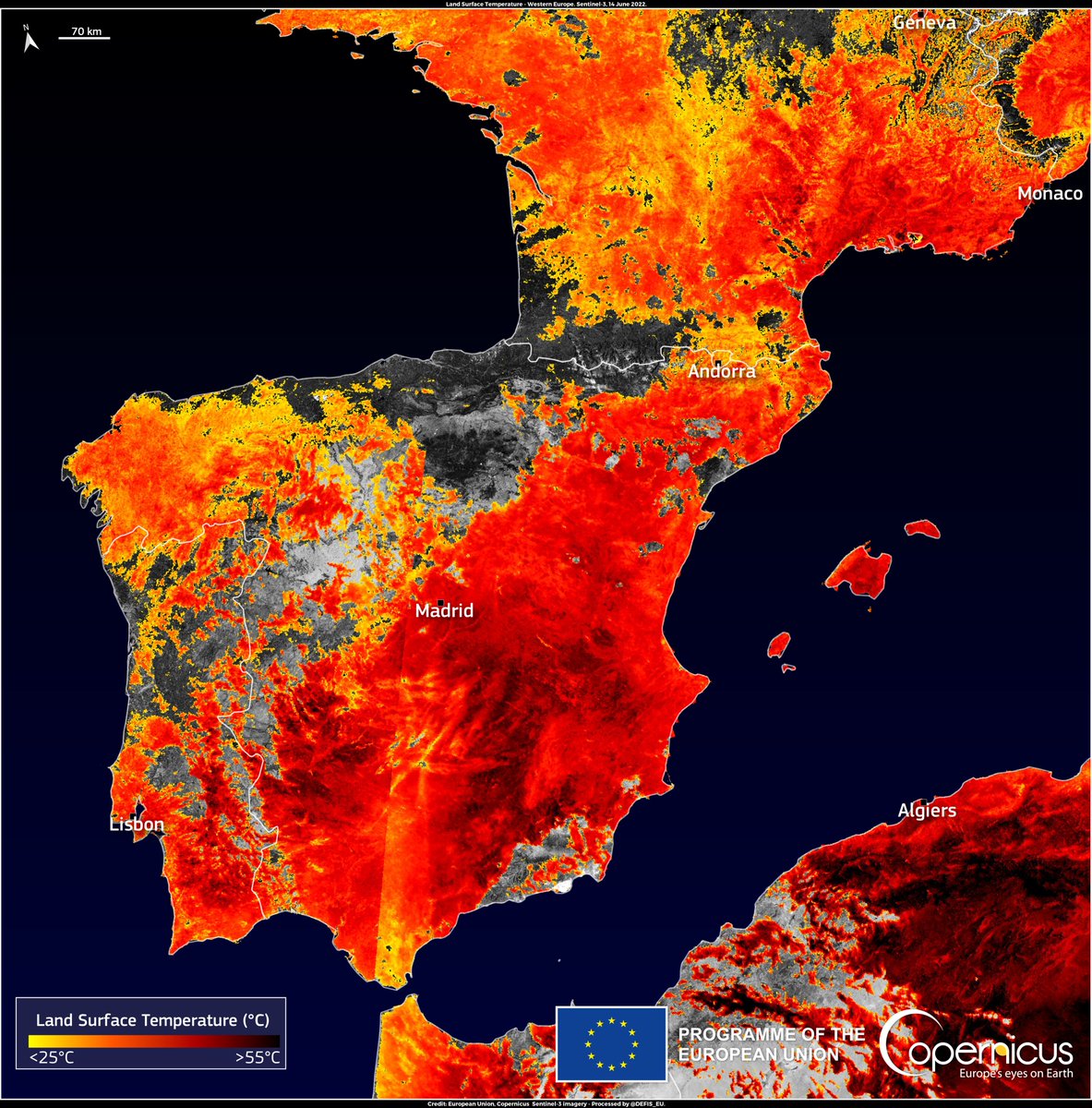 Image taken by Copernicus on 14 June. It shows the land surface temperature in a scale of warm colours; the darker the colour, the higher the temperature.