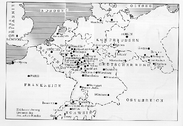 Mapa de localitats de la Lliga dels Comunistes