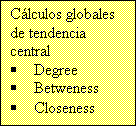 Cuadro de texto: C�lculos globales
de tendencia central
�	Degree
�	Betweness
�	Closeness
